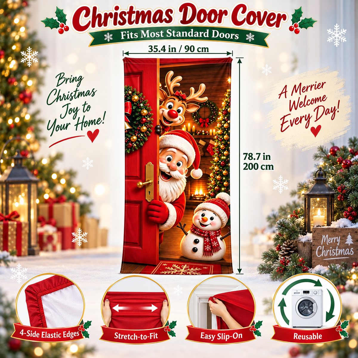 🔥🔥Buy1Get 1 Free🔥—Christmas Door Cover - Stretch Fit Santa & Reindeer Door Decoration with 4-Side Elastic Edges🎅