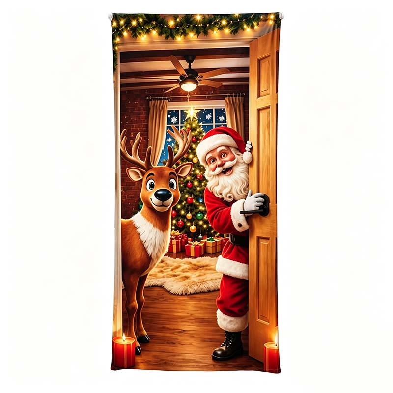 🔥🔥Buy1Get 1 Free🔥—Christmas Door Cover - Stretch Fit Santa & Reindeer Door Decoration with 4-Side Elastic Edges🎅