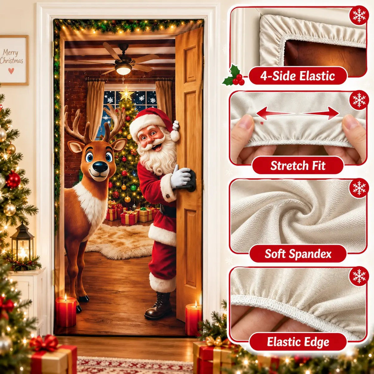 🔥🔥Buy1Get 1 Free🔥—Christmas Door Cover - Stretch Fit Santa & Reindeer Door Decoration with 4-Side Elastic Edges🎅