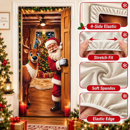 🔥🔥Buy1Get 1 Free🔥—Christmas Door Cover - Stretch Fit Santa & Reindeer Door Decoration with 4-Side Elastic Edges🎅