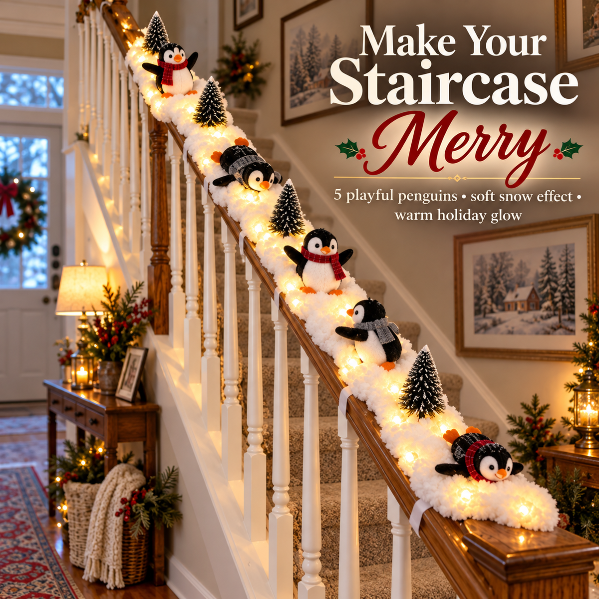 Complete snowy Christmas staircase decorated with playful penguins and warm lights