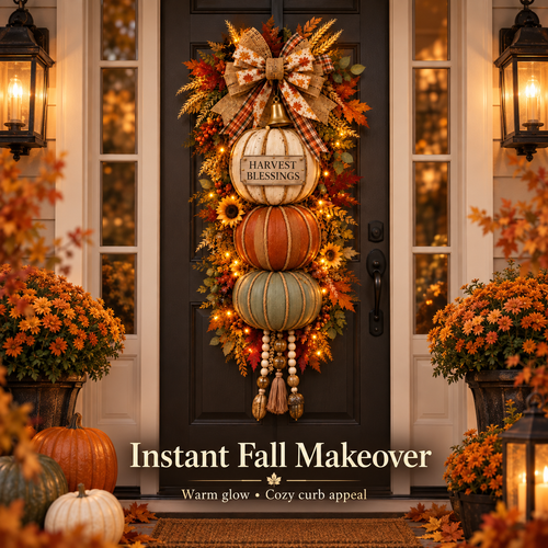 🏡🎃Lighted Stacked Pumpkin Fall Door Decor with 3 Seasonal Plaques