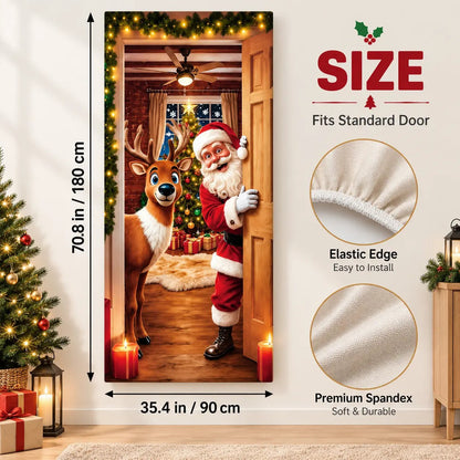 🔥🔥Buy1Get 1 Free🔥—Christmas Door Cover - Stretch Fit Santa & Reindeer Door Decoration with 4-Side Elastic Edges🎅