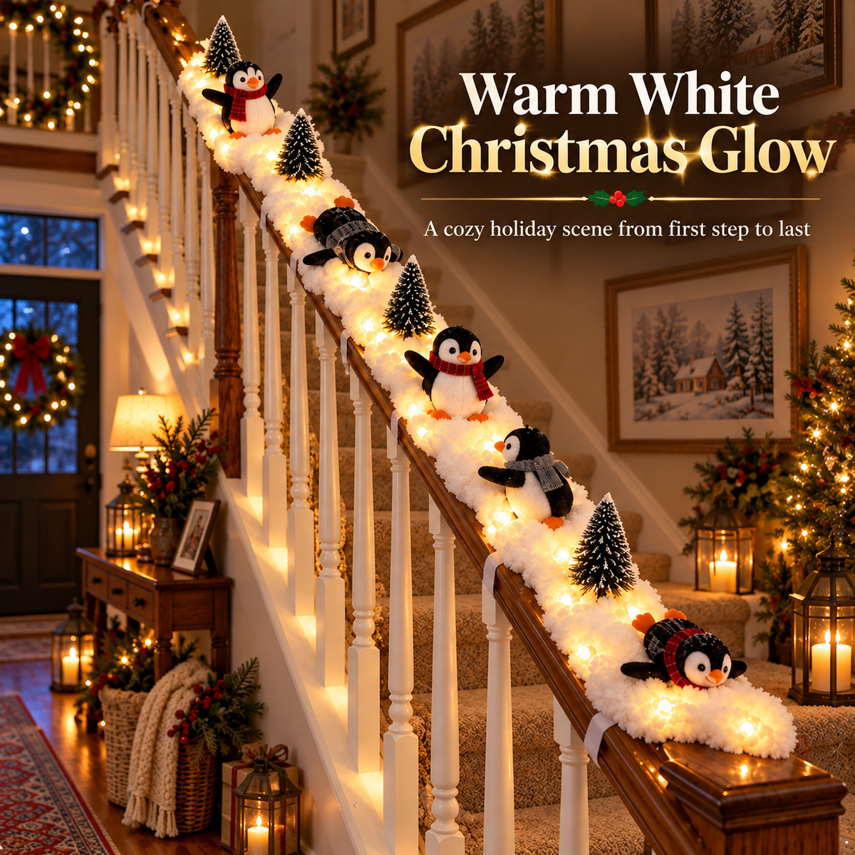 Warm white Christmas glow across a snowy penguin staircase decoration