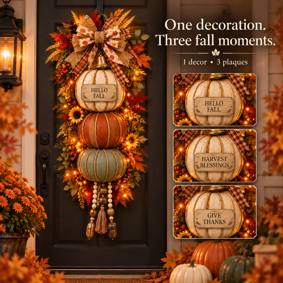 🏡🎃Lighted Stacked Pumpkin Fall Door Decor with 3 Seasonal Plaques