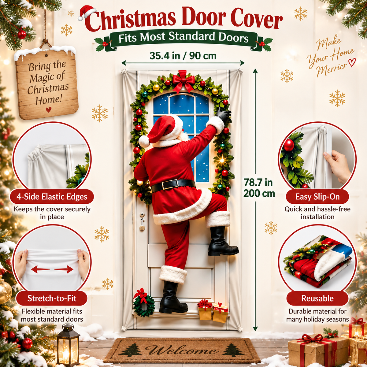 🔥🔥Buy1Get 1 Free🔥—Christmas Door Cover - Stretch Fit Santa & Reindeer Door Decoration with 4-Side Elastic Edges🎅