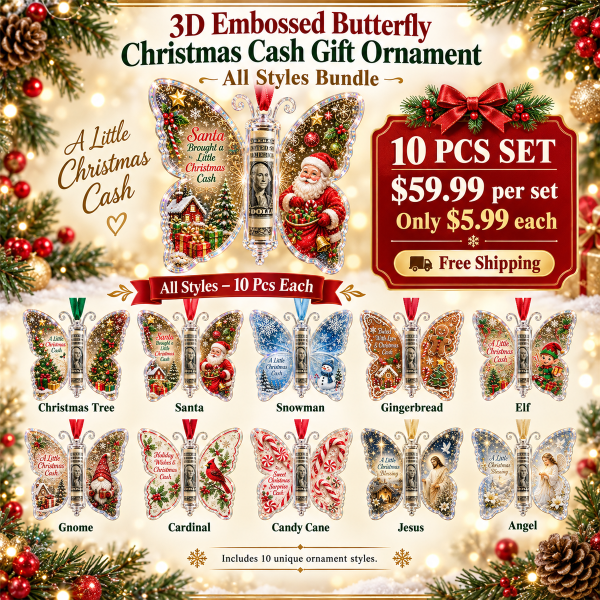 🔥Each$5.99🔥—🦋💵 3D Embossed Butterfly Christmas Cash Gift Ornament – Holiday Money Holder Keepsake 🎄✨