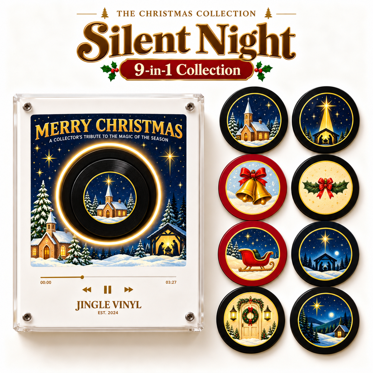 🎄 9-in-1 Christmas Vinyl Player Magnet Set – Holiday Music Collection 🎶