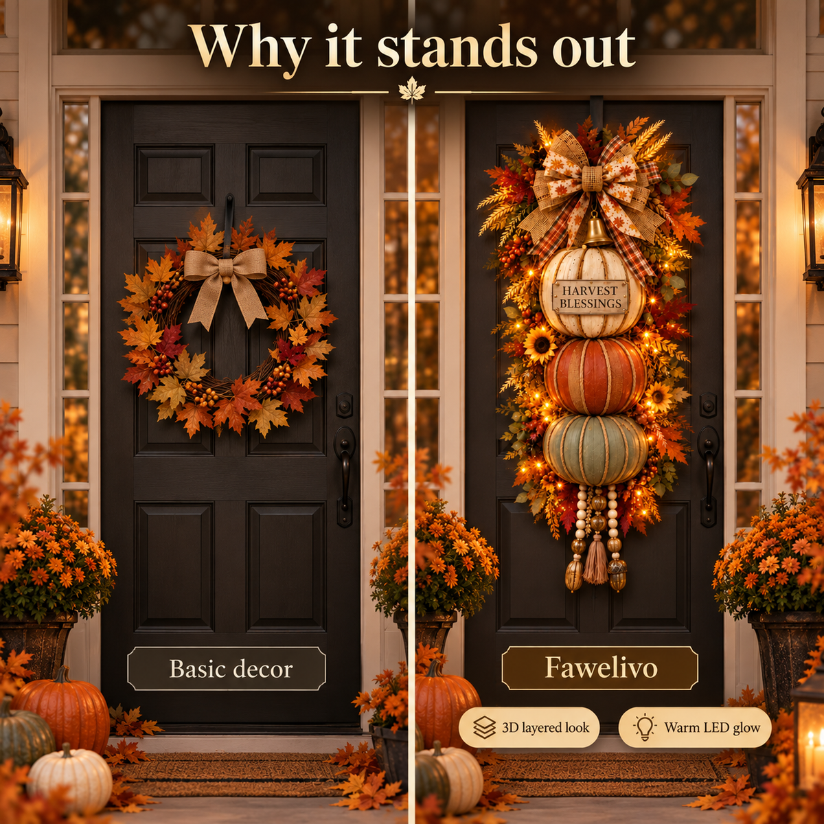 🏡🎃Lighted Stacked Pumpkin Fall Door Decor with 3 Seasonal Plaques