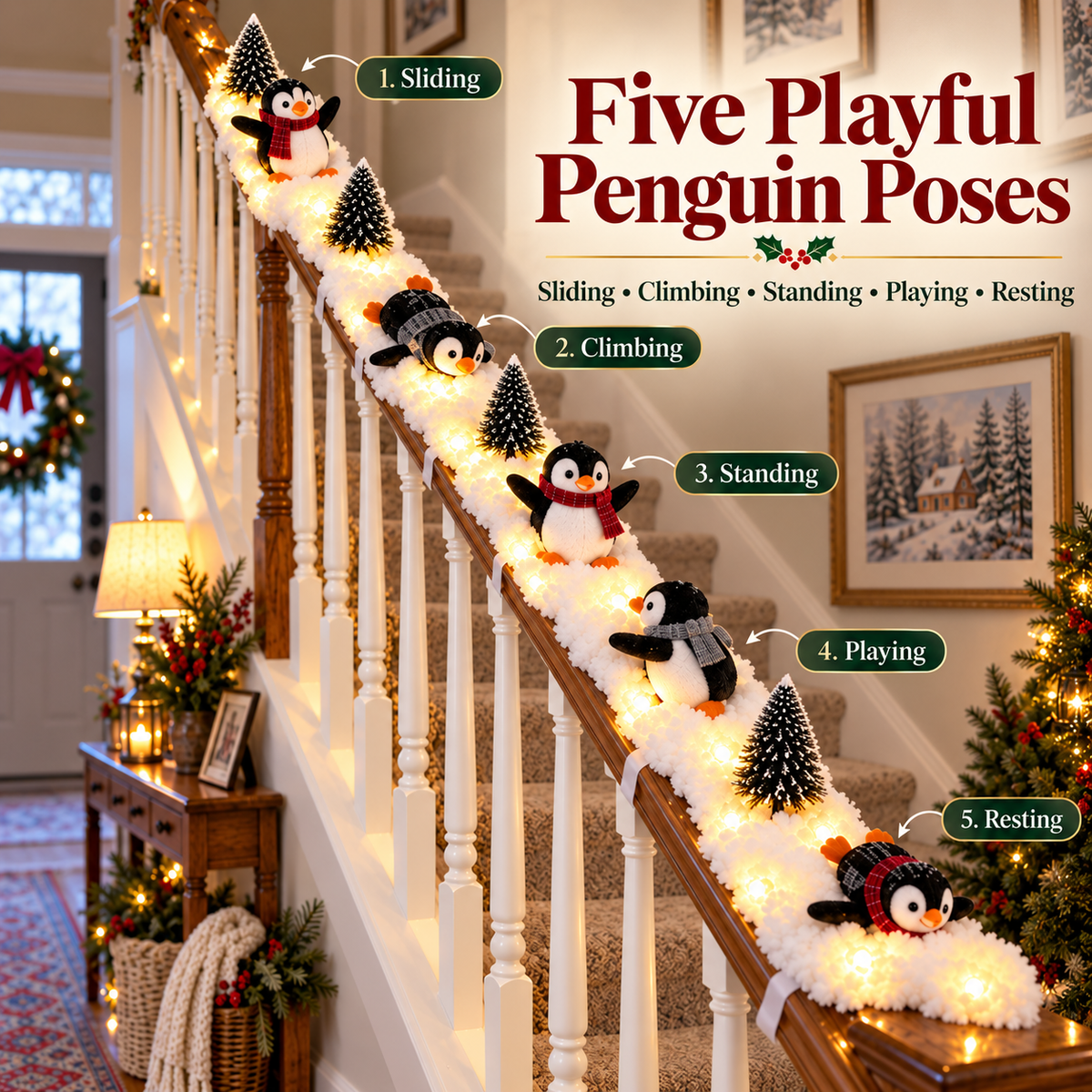 Five playful penguin styles for a Christmas stair railing display