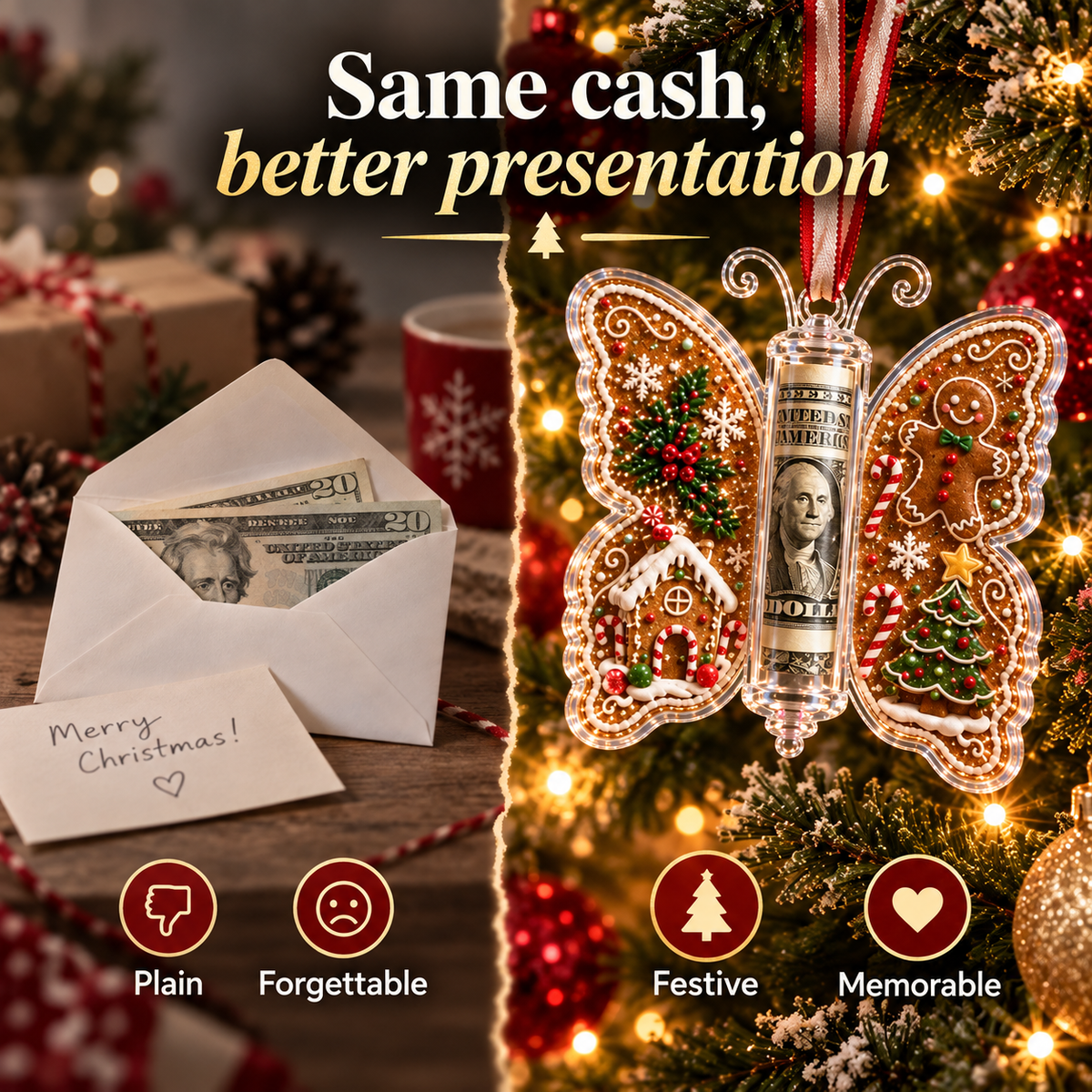 Plain cash envelope versus festive butterfly cash ornament