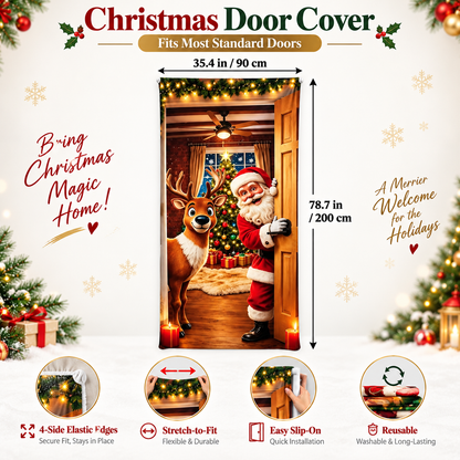 🔥🔥Buy1Get 1 Free🔥—Christmas Door Cover - Stretch Fit Santa & Reindeer Door Decoration with 4-Side Elastic Edges🎅