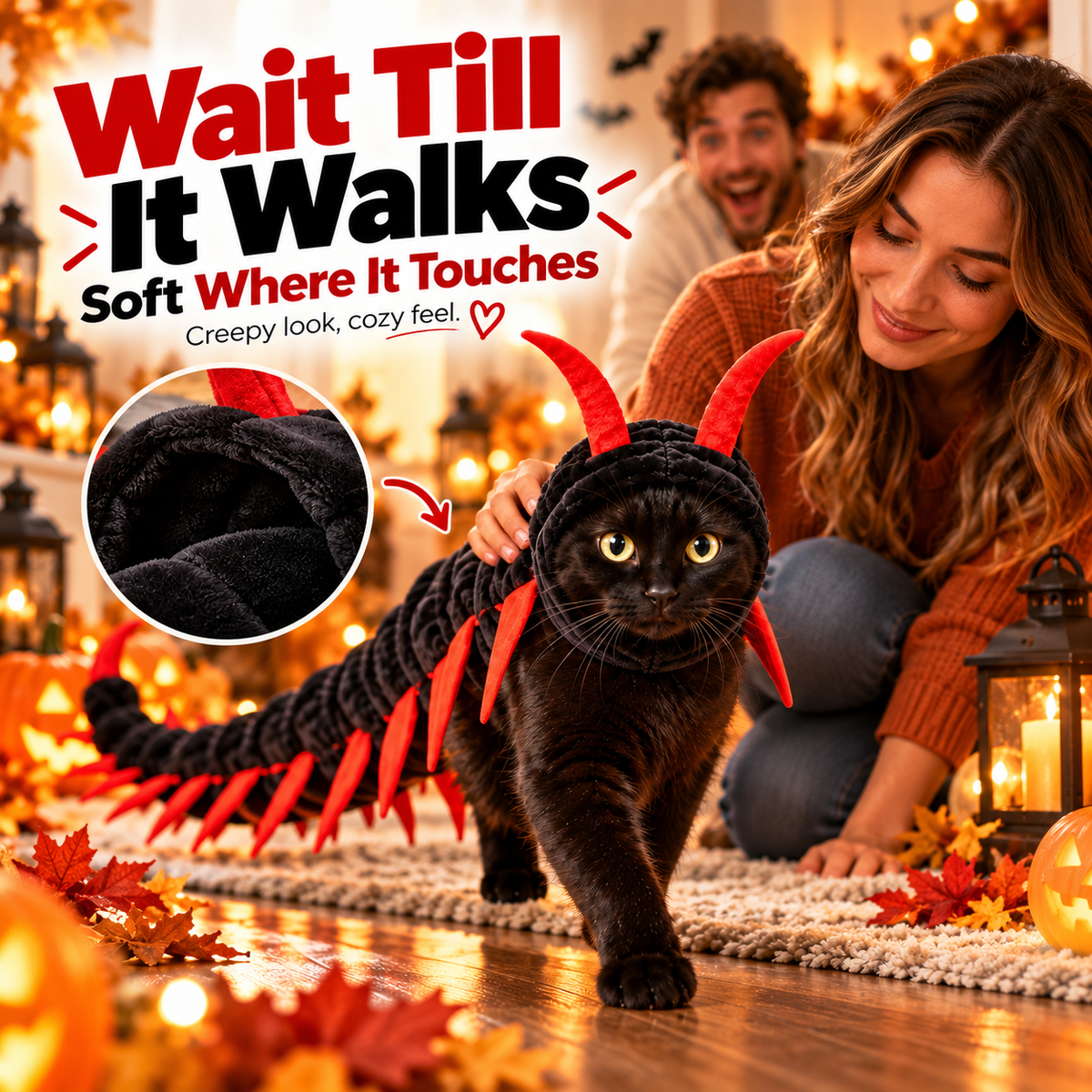 FrightCrawler walking cat costume with soft plush contact