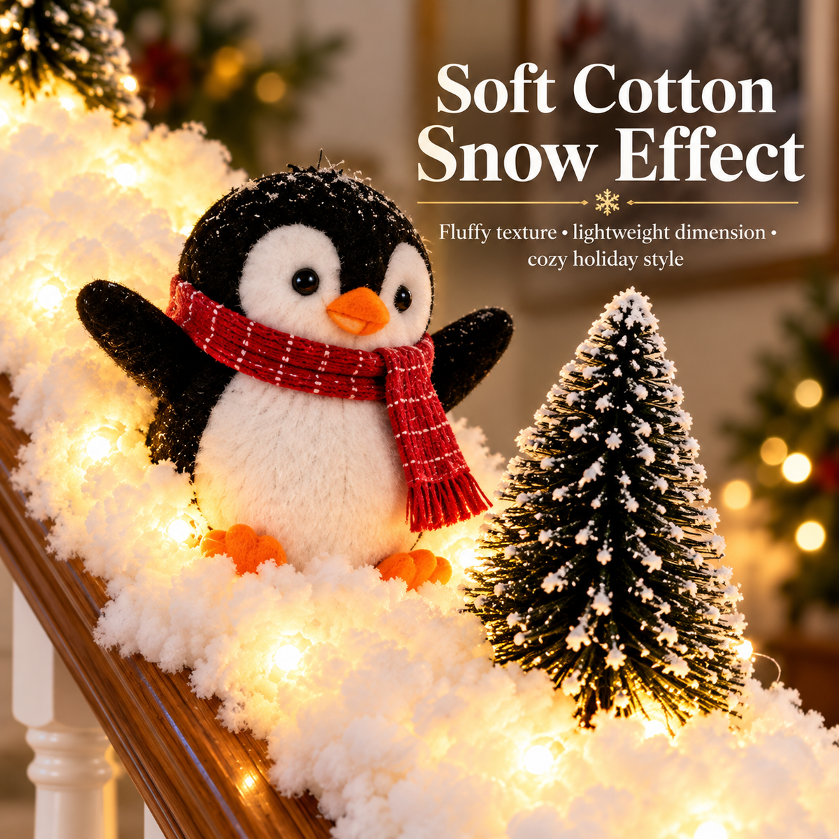 Close-up of fluffy three-dimensional snow texture and penguin Christmas details