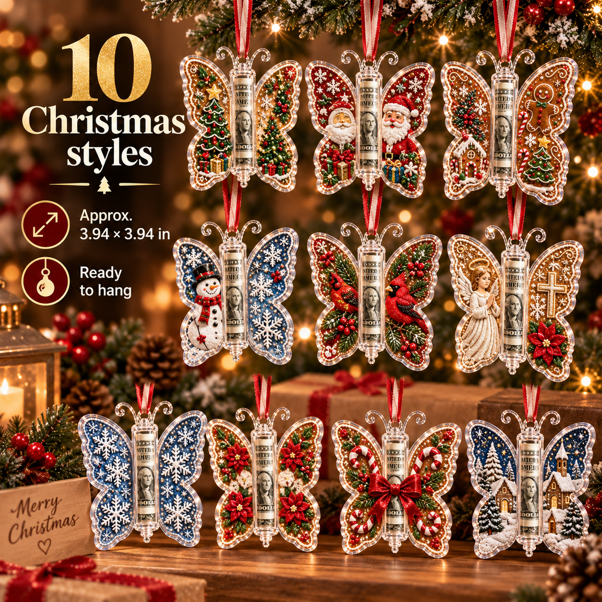 Ten butterfly Christmas cash gift ornament designs