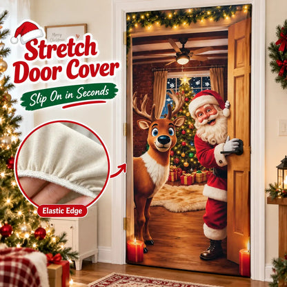 🔥🔥Buy1Get 1 Free🔥—Christmas Door Cover - Stretch Fit Santa & Reindeer Door Decoration with 4-Side Elastic Edges🎅