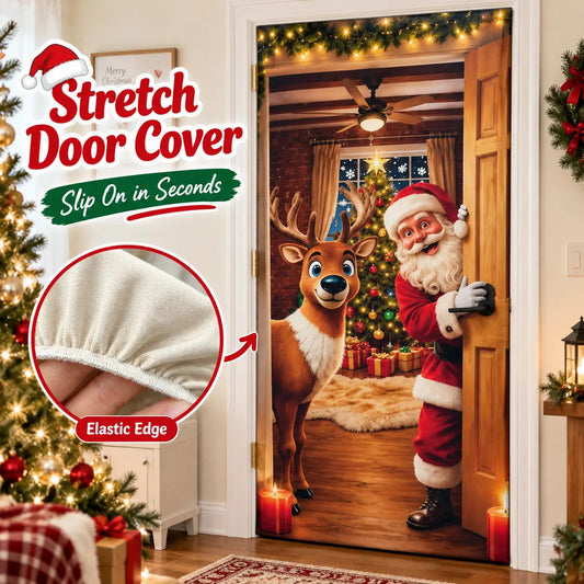 🔥🔥Buy1Get 1 Free🔥—Christmas Door Cover - Stretch Fit Santa & Reindeer Door Decoration with 4-Side Elastic Edges🎅