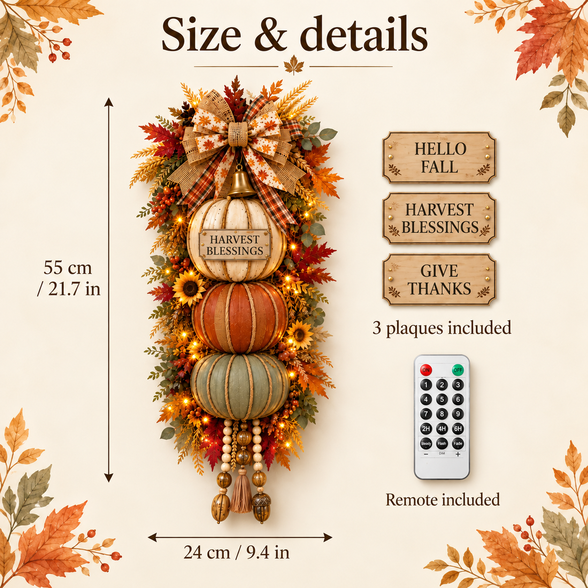 Fawelivo pumpkin fall door decor size details plaques and remote control