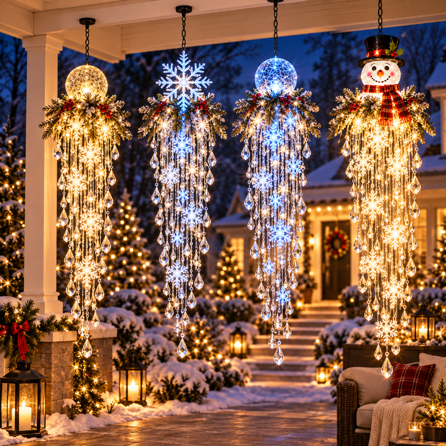 Several cascading Christmas lights glowing on a snowy porch