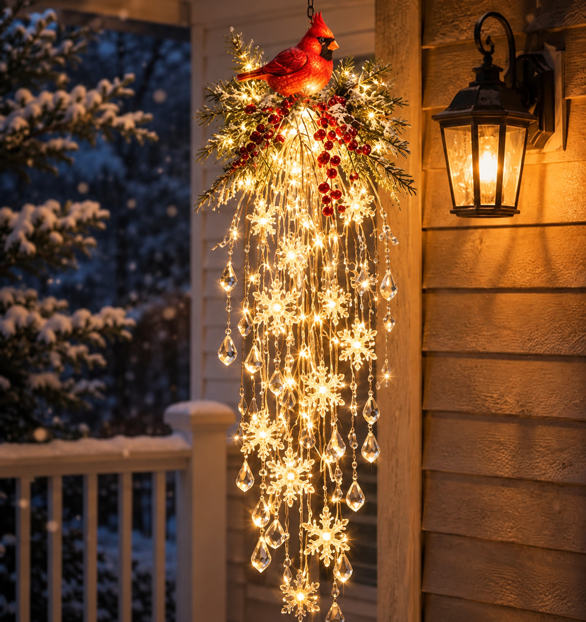 A glowing cardinal-style cascade light hanging beneath a covered porch