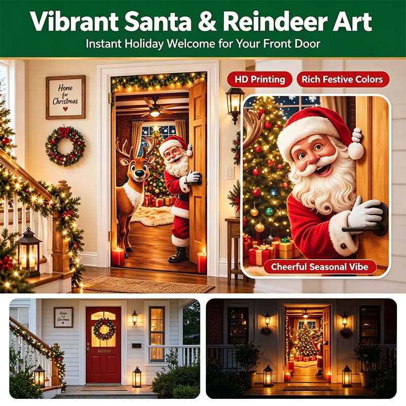 🔥🔥Buy1Get 1 Free🔥—Christmas Door Cover - Stretch Fit Santa & Reindeer Door Decoration with 4-Side Elastic Edges🎅