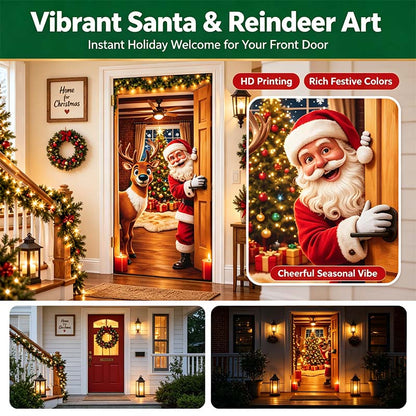 🔥🔥Buy1Get 1 Free🔥—Christmas Door Cover - Stretch Fit Santa & Reindeer Door Decoration with 4-Side Elastic Edges🎅