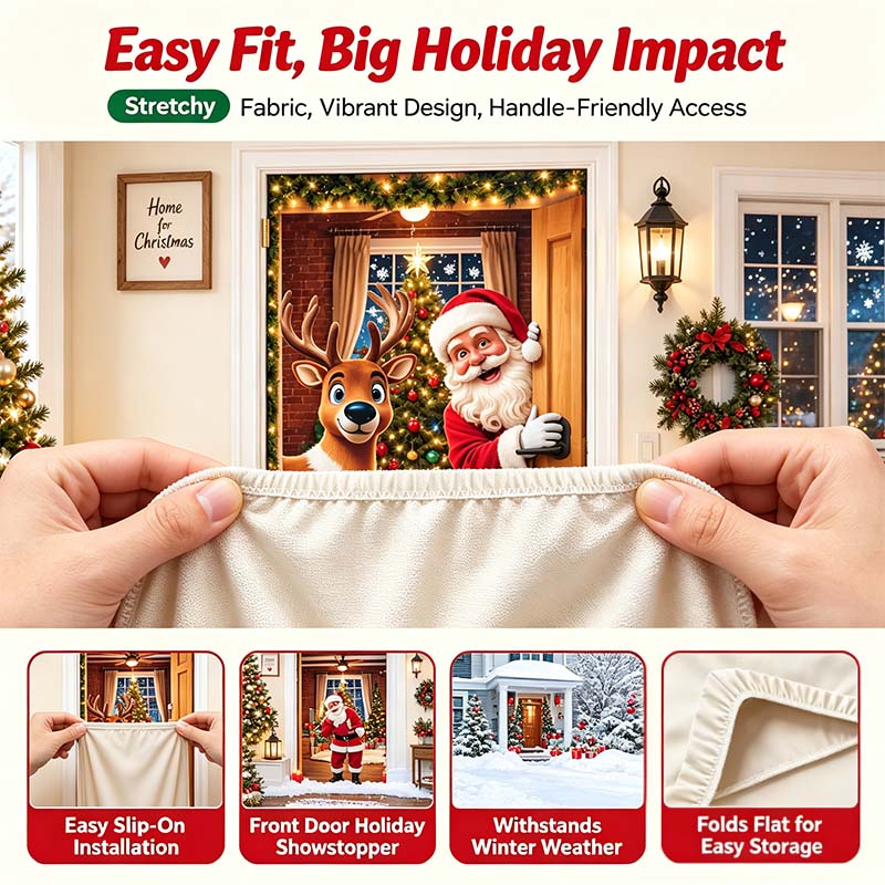 🔥🔥Buy1Get 1 Free🔥—Christmas Door Cover - Stretch Fit Santa & Reindeer Door Decoration with 4-Side Elastic Edges🎅