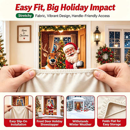 🔥🔥Buy1Get 1 Free🔥—Christmas Door Cover - Stretch Fit Santa & Reindeer Door Decoration with 4-Side Elastic Edges🎅
