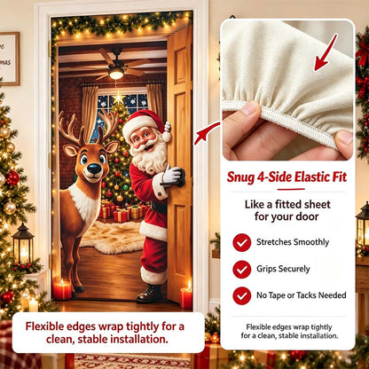🔥🔥Buy1Get 1 Free🔥—Christmas Door Cover - Stretch Fit Santa & Reindeer Door Decoration with 4-Side Elastic Edges🎅