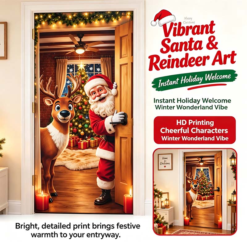 🔥🔥Buy1Get 1 Free🔥—Christmas Door Cover - Stretch Fit Santa & Reindeer Door Decoration with 4-Side Elastic Edges🎅