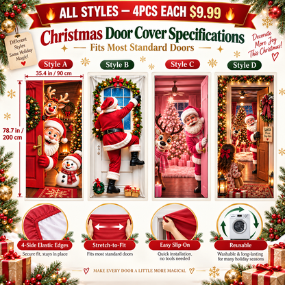 🔥🔥Buy1Get 1 Free🔥—Christmas Door Cover - Stretch Fit Santa & Reindeer Door Decoration with 4-Side Elastic Edges🎅