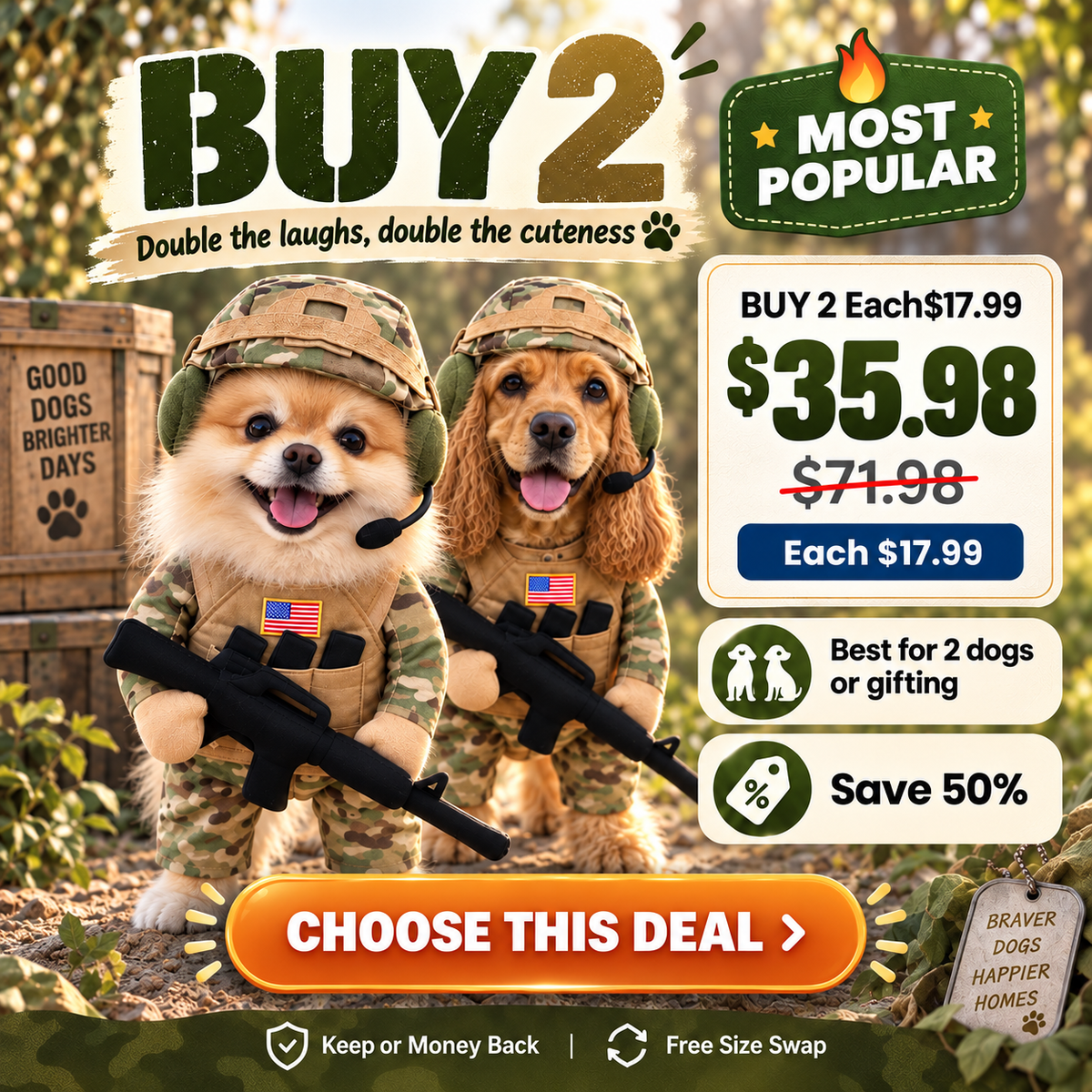 🔥 Limited Time 50% OFF –Doggy Soldier Outfit — One Size · Adjustable Fit🐾