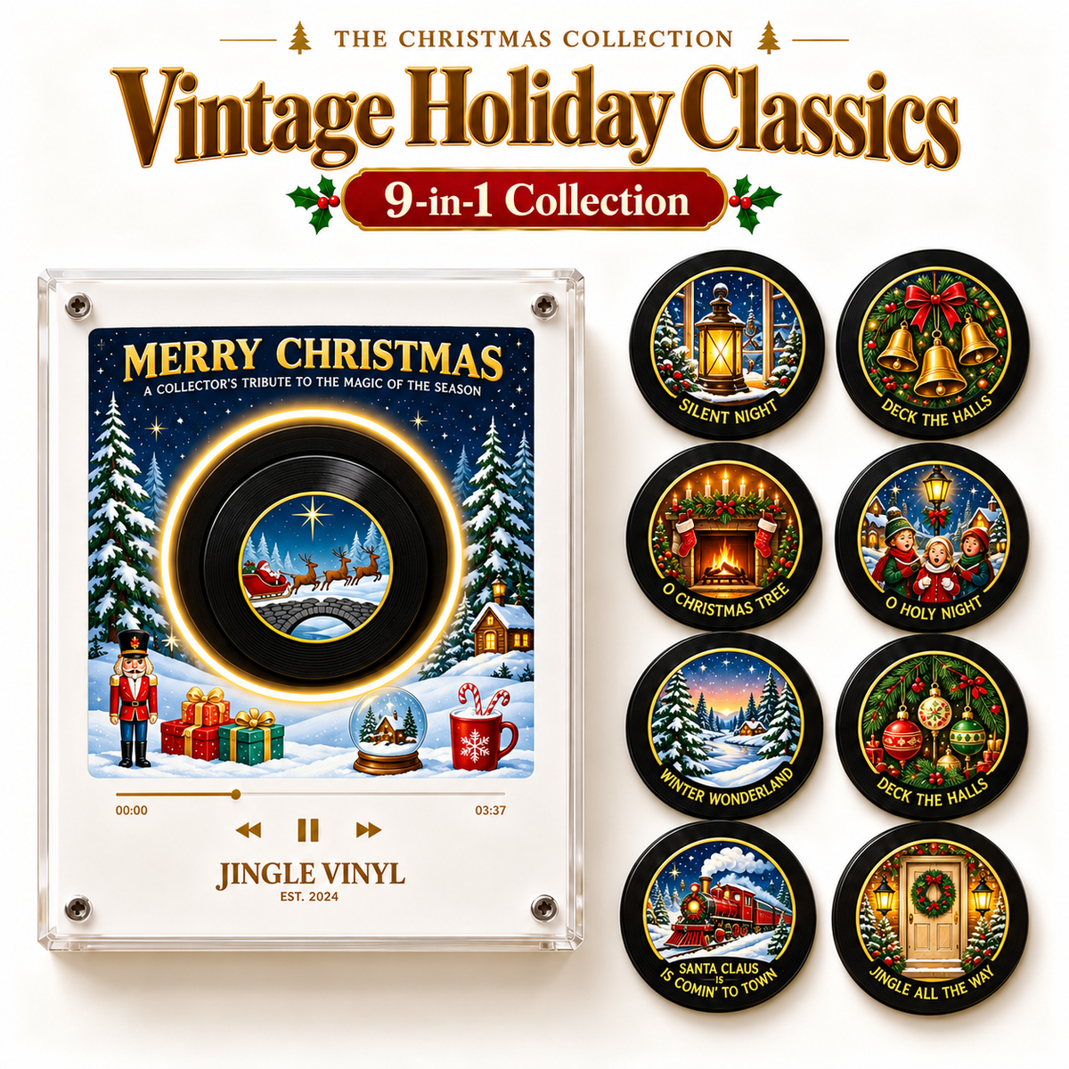 🎄 9-in-1 Christmas Vinyl Player Magnet Set – Holiday Music Collection 🎶
