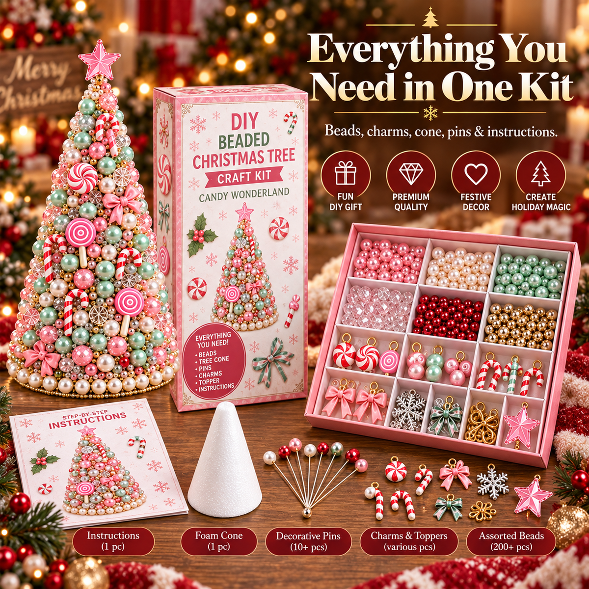 DIY beaded Christmas tree festive details