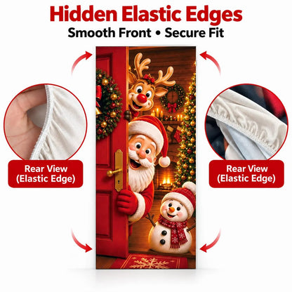 🔥🔥Buy1Get 1 Free🔥—Christmas Door Cover - Stretch Fit Santa & Reindeer Door Decoration with 4-Side Elastic Edges🎅