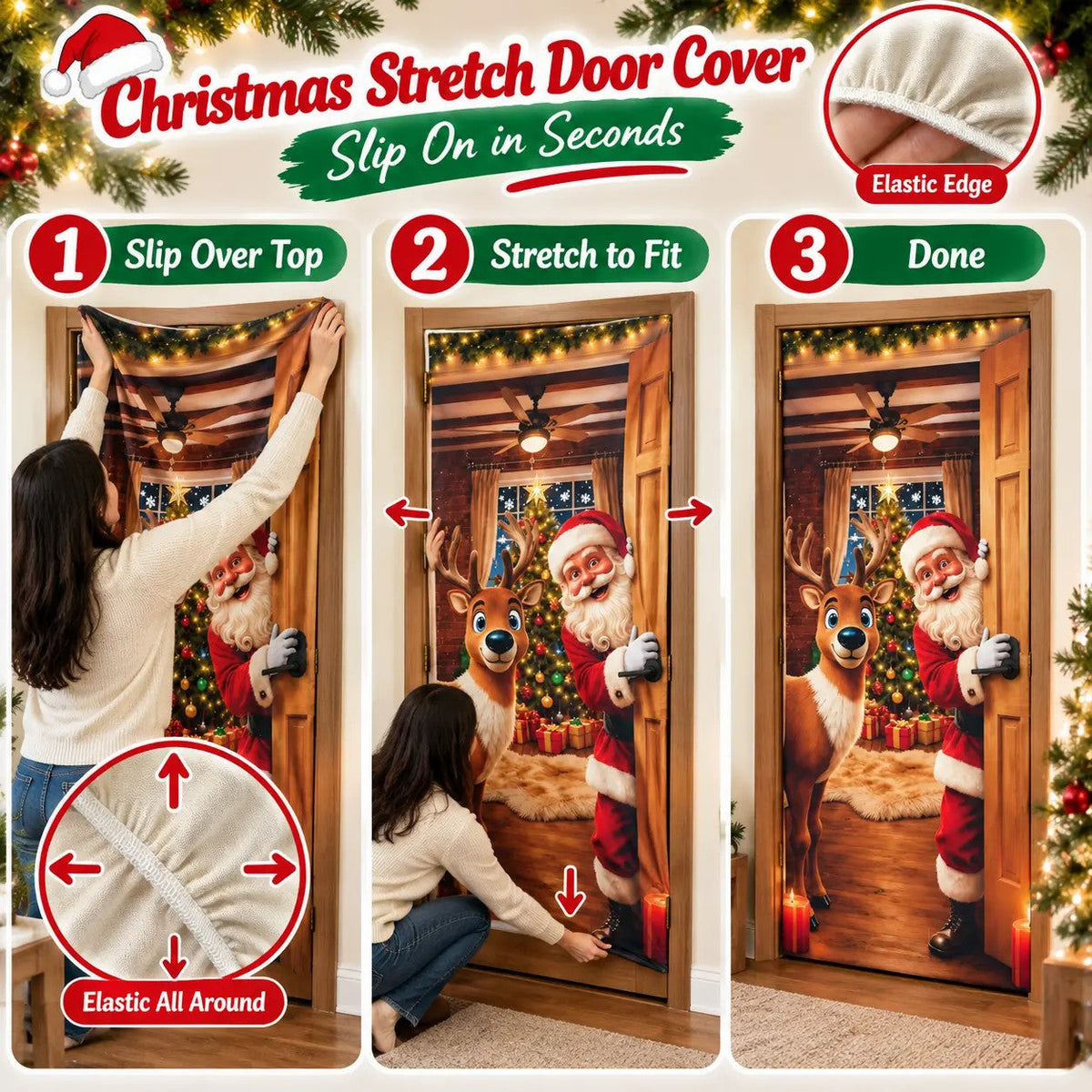 🔥🔥Buy1Get 1 Free🔥—Christmas Door Cover - Stretch Fit Santa & Reindeer Door Decoration with 4-Side Elastic Edges🎅